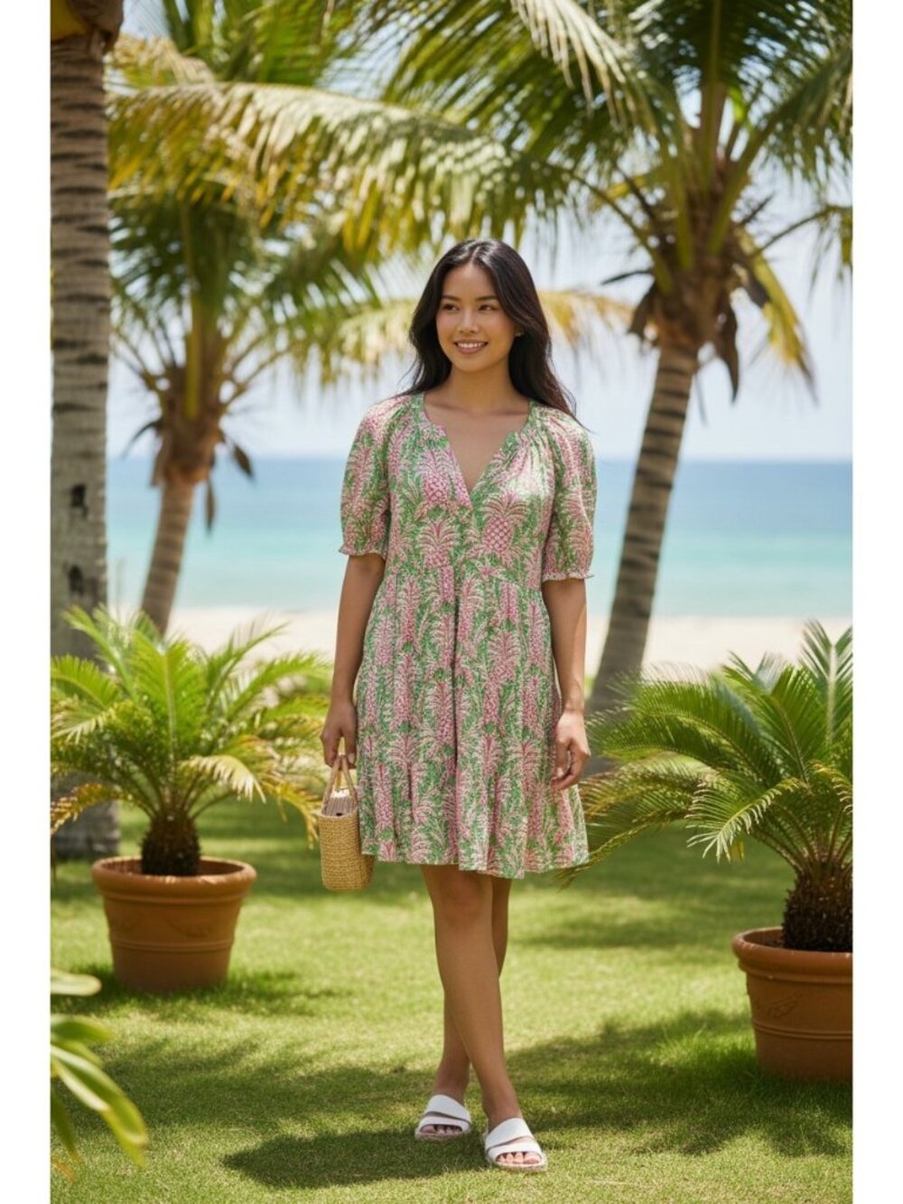 Crown & Ivy Babydoll Dress Size Large Pineapple Print Tiered Peasant  Tropical